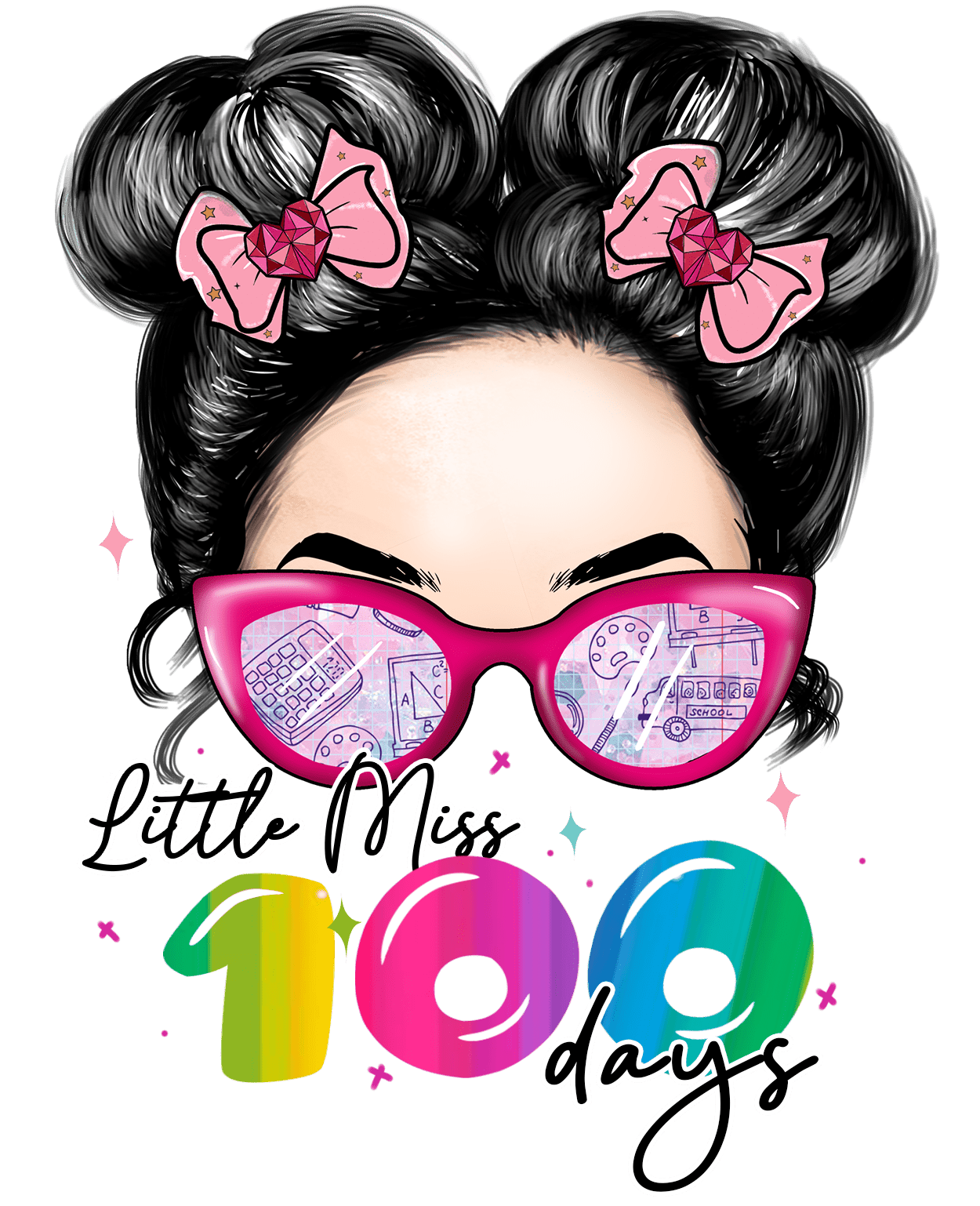 Messy Bun Hair Little Miss 100 Days Girl Design | Heat Press Transfer - Heat Press Transfer