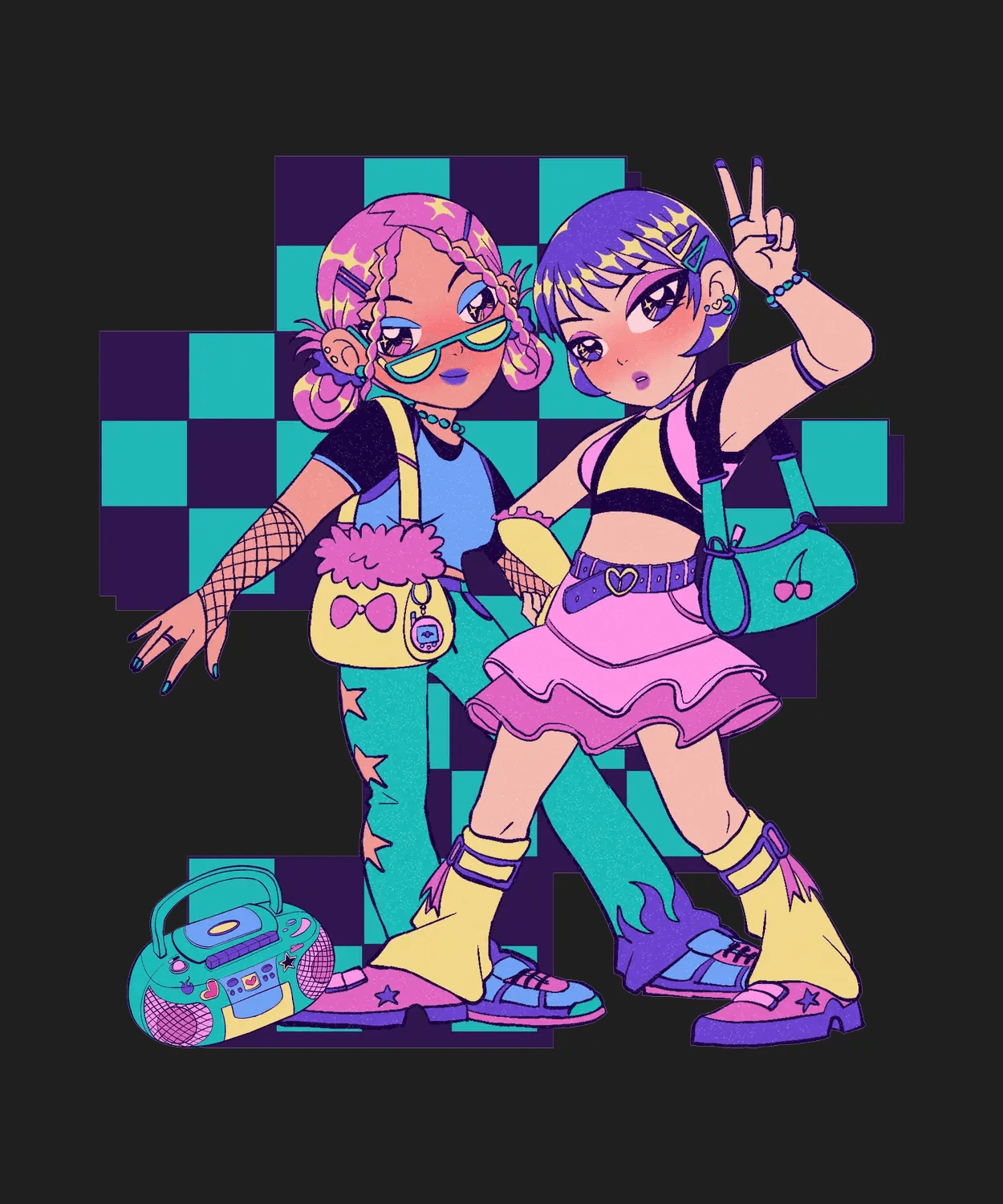 Anime Girls Duo - DTF Ready to Press (black_bg)