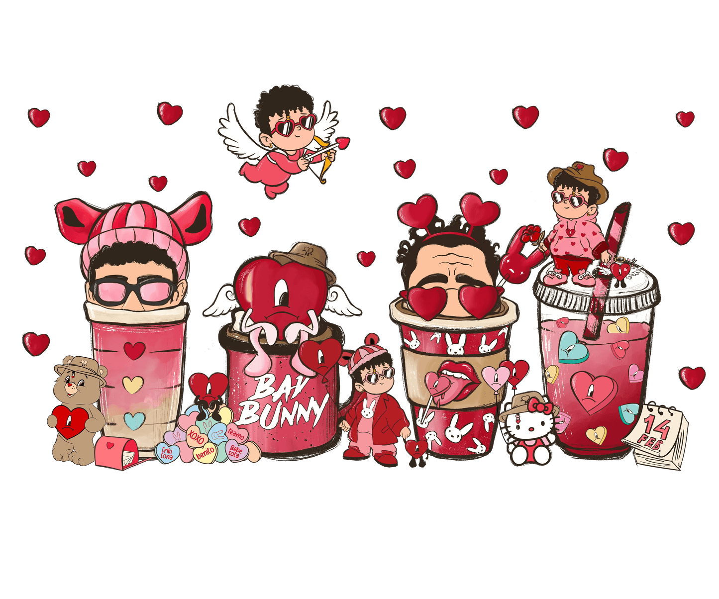 Bad Bunny And Hello Kitty Valentine Coffee Design - DTF Ready To Press - Heat Press Transfer