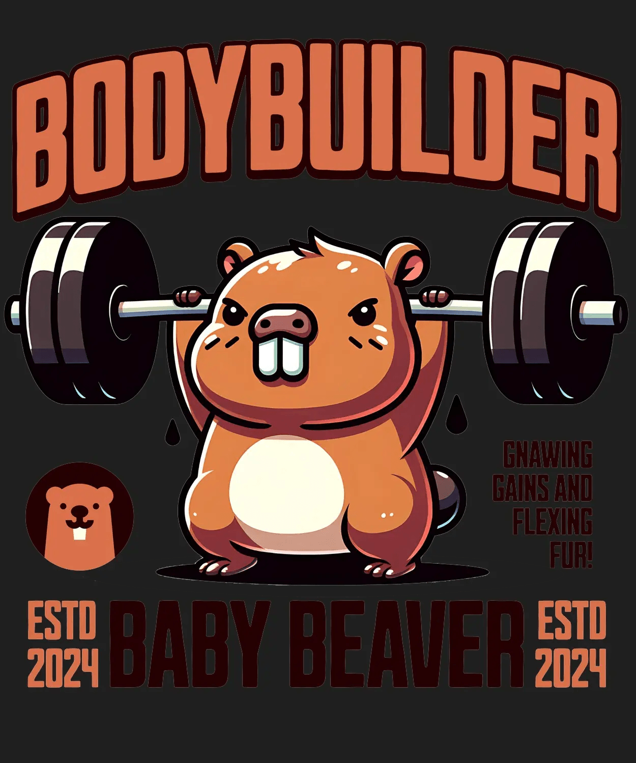 Bodybuilder Baby Beaver - DTF Ready to Press (black_bg)