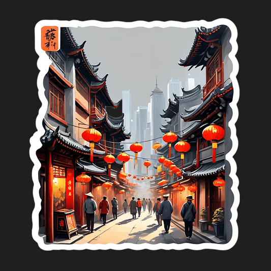 China Town Scene - Lively Streets Sticker - Heat Press Transfer