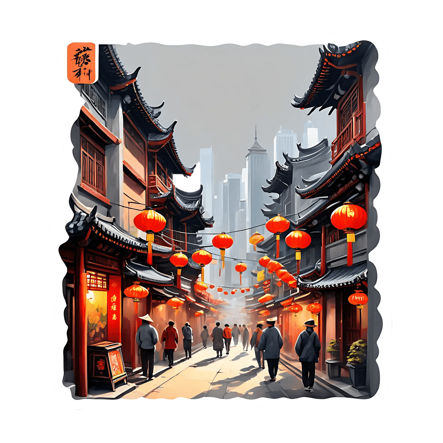 China Town Scene - Lively Streets Sticker - Heat Press Transfer