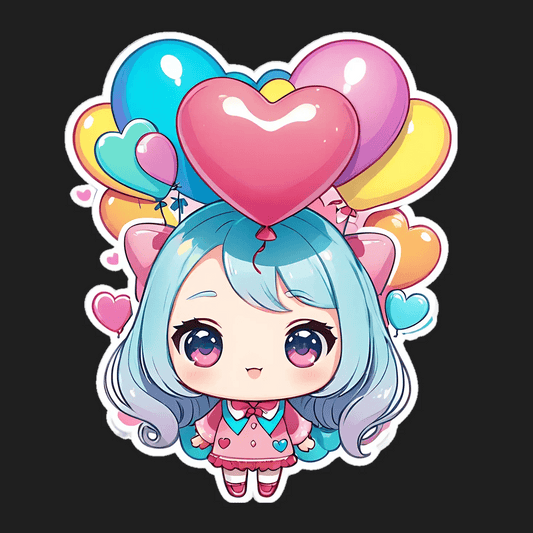 Cute Anime Girl - Heart Balloon Sticker - Heat Press Transfer