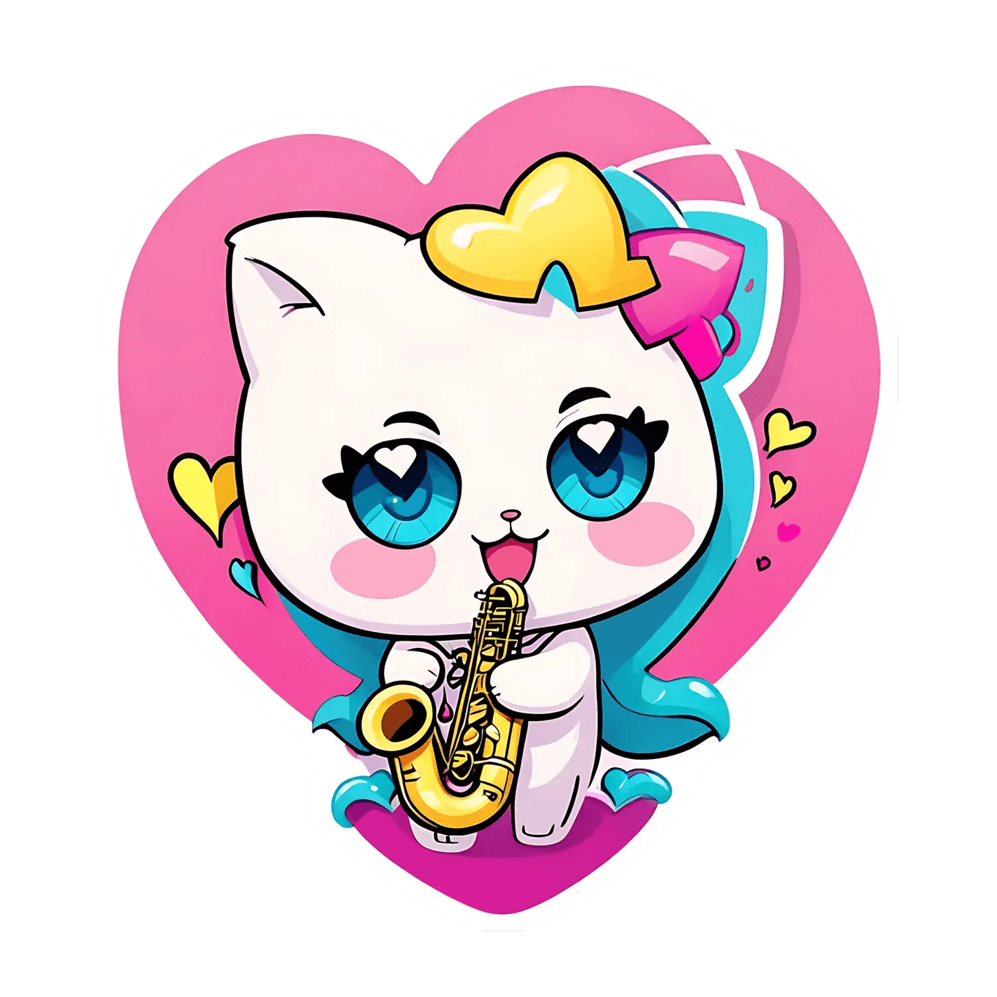 Cute Cat Saxophone - Heart Sticker - Heat Press Transfer