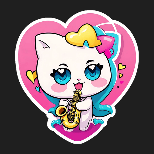 Cute Cat Saxophone - Heart Sticker - Heat Press Transfer