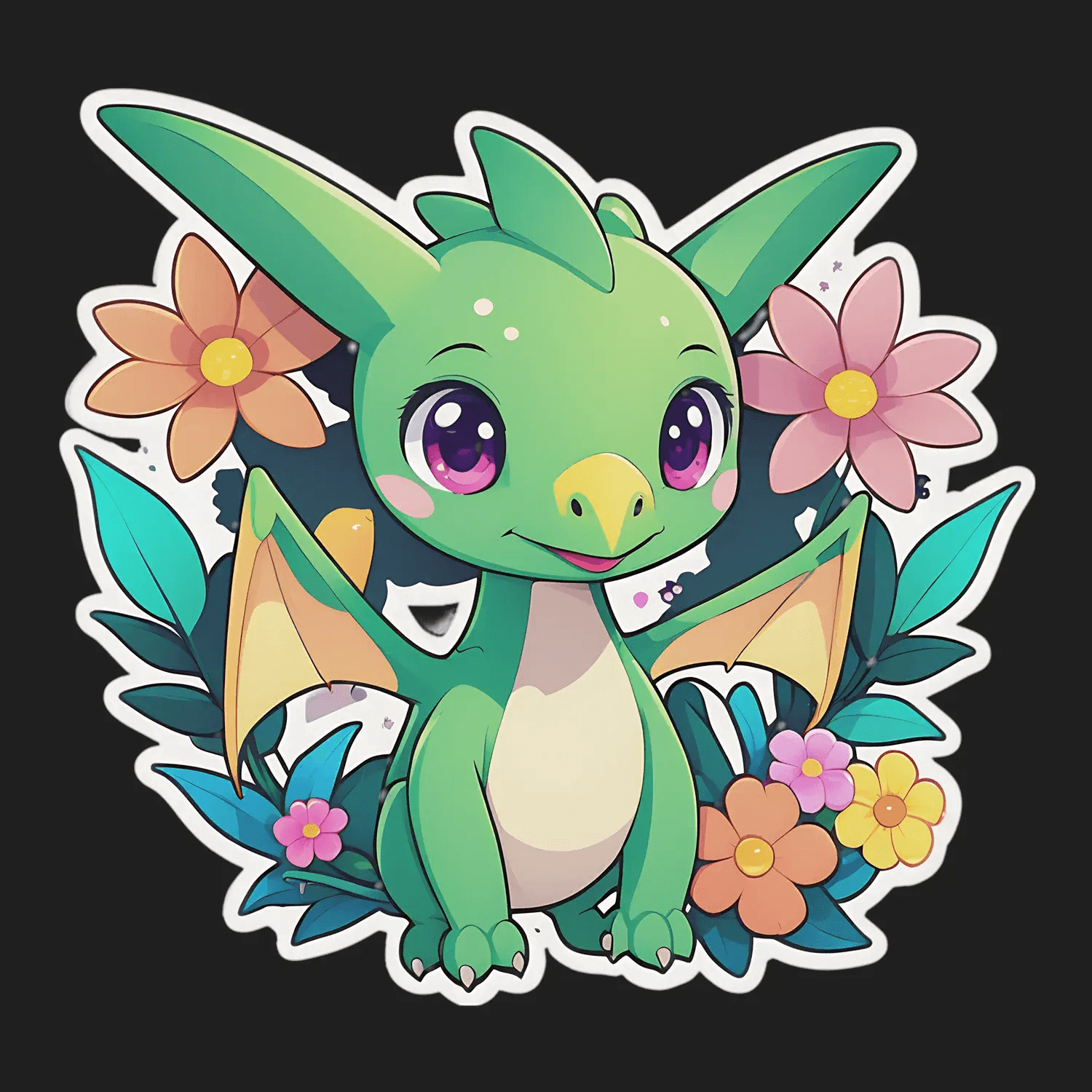 Cute Dragon Sticker - Adorable Floral Design - Heat Press Transfer