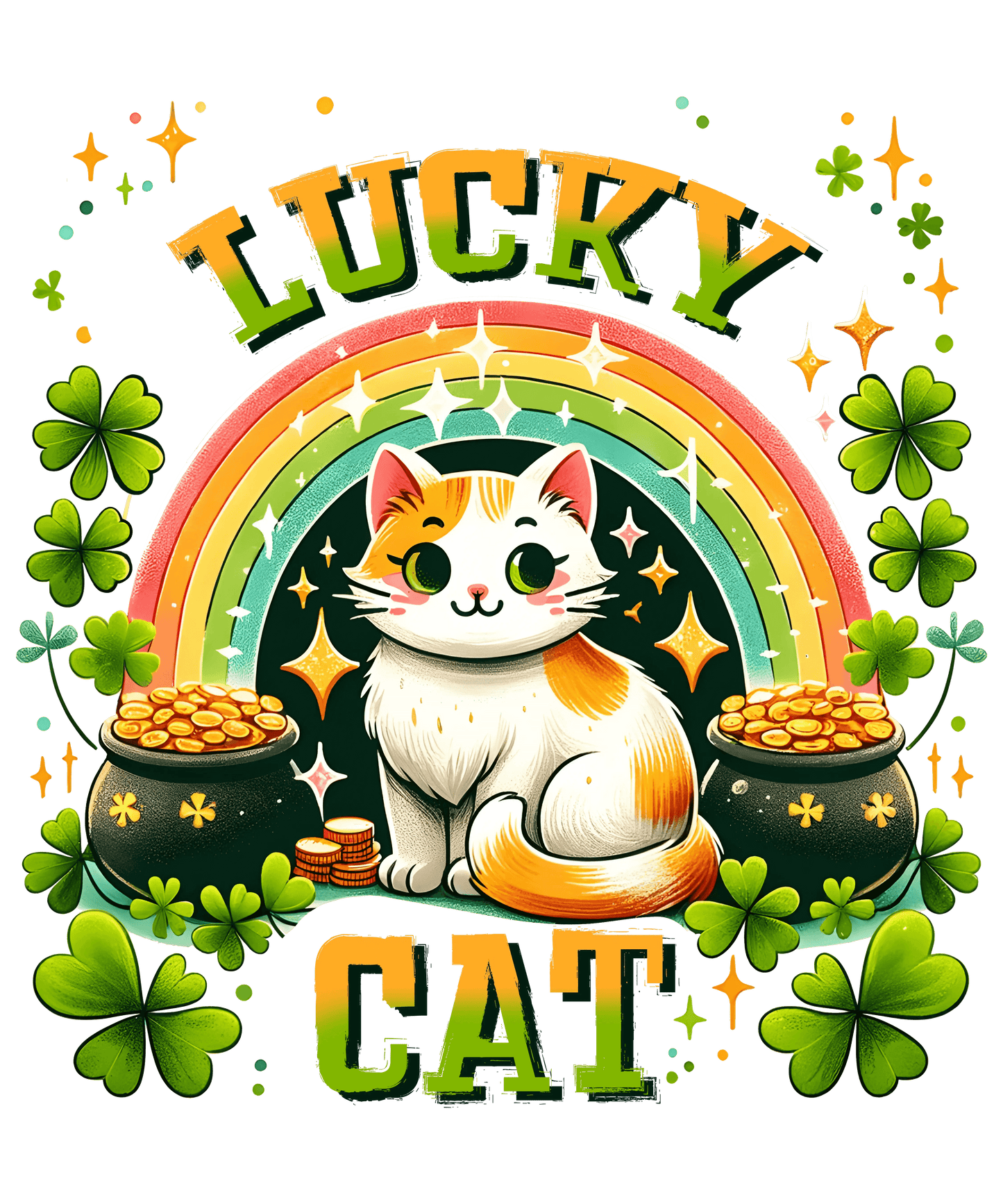 Cute Lucky Cat St. Patricks Day Design - DTF Ready To Press - Heat Press Transfer