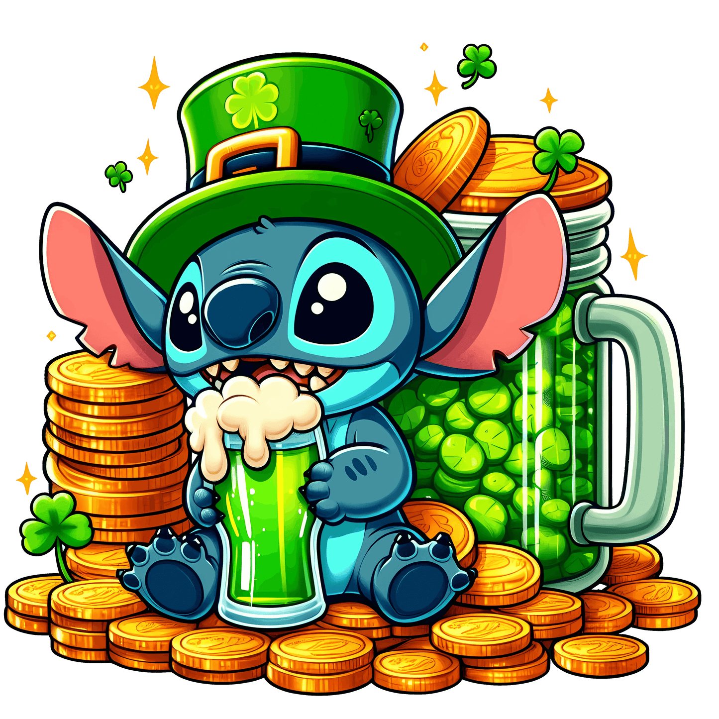 Disney Lilo & Stitch Saint Patrick's Day Beer Lover Design - DTF Ready To Press - Heat Press Transfer