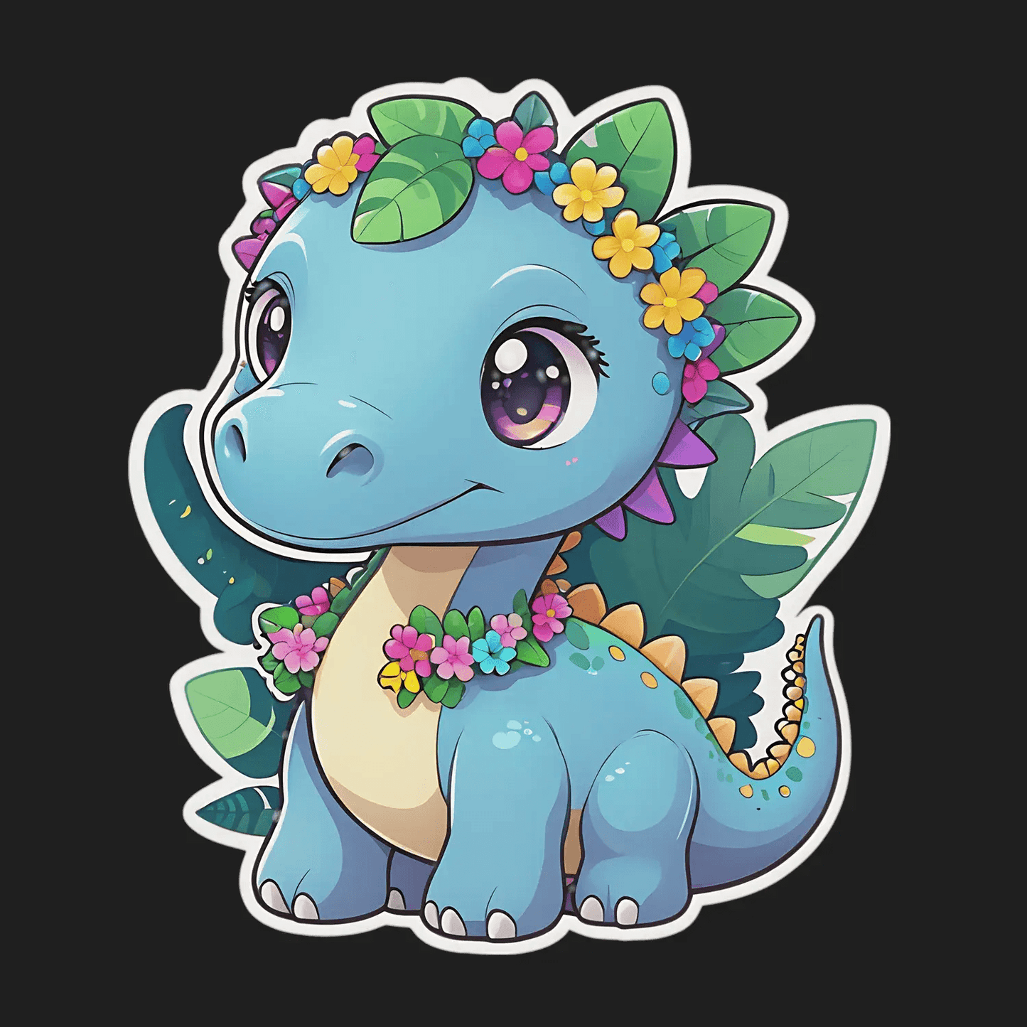 Floral Dinosaur Sticker - Cute Blue Design - Heat Press Transfer