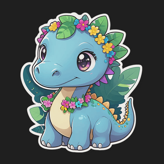 Floral Dinosaur Sticker - Cute Blue Design - Heat Press Transfer