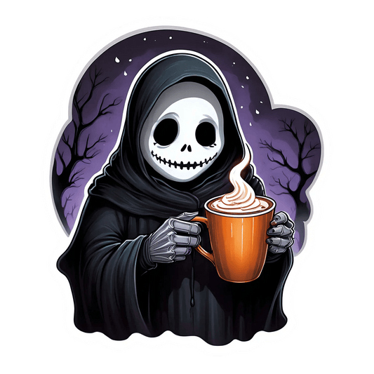 Grim Reaper Coffee - Halloween Sticker - Heat Press Transfer