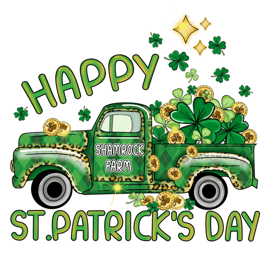 Happy Saint Patricks Day Clover Truck Design - DTF Ready To Press - Heat Press Transfer