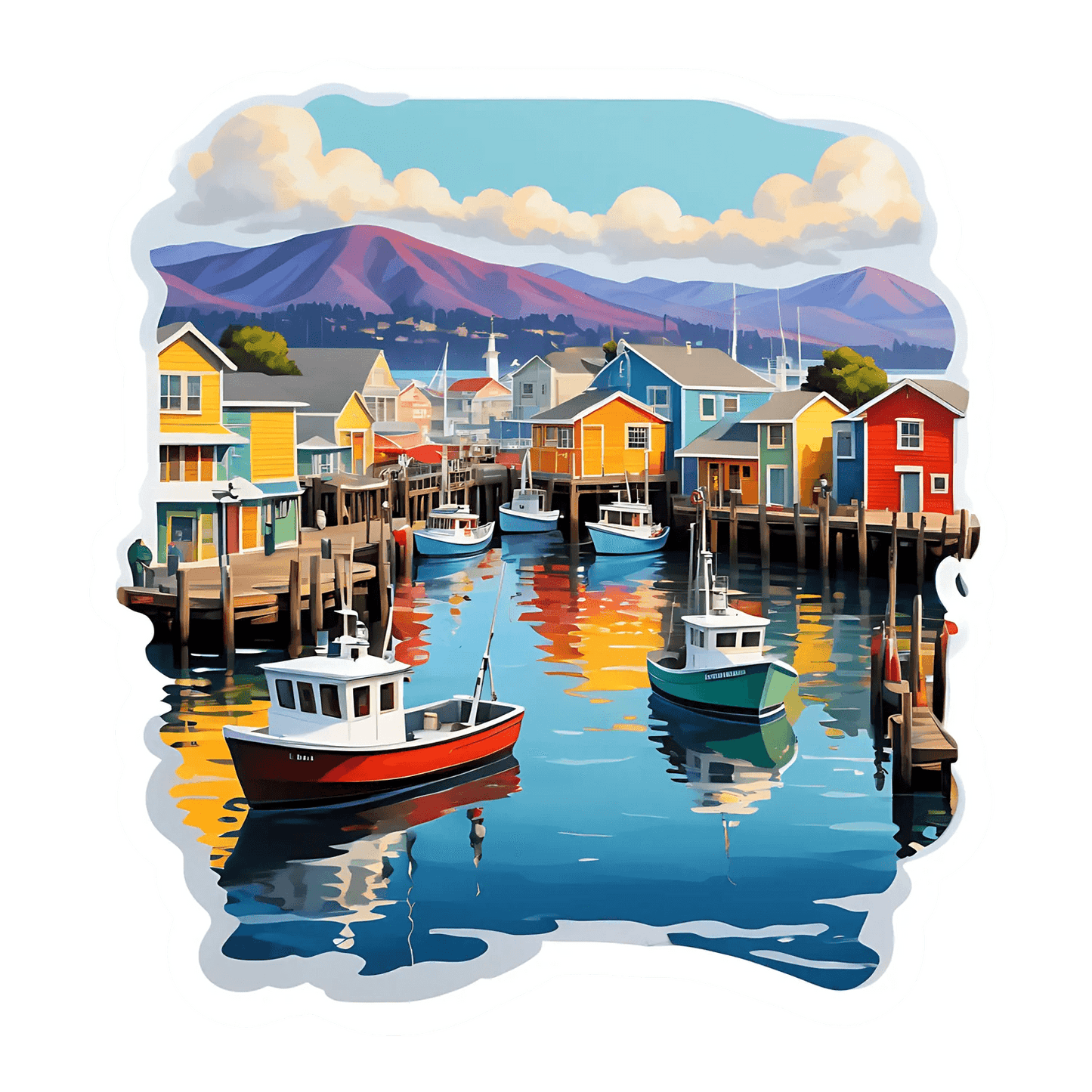 Harbor View Sticker - Colorful Coastal Scene - Heat Press Transfer