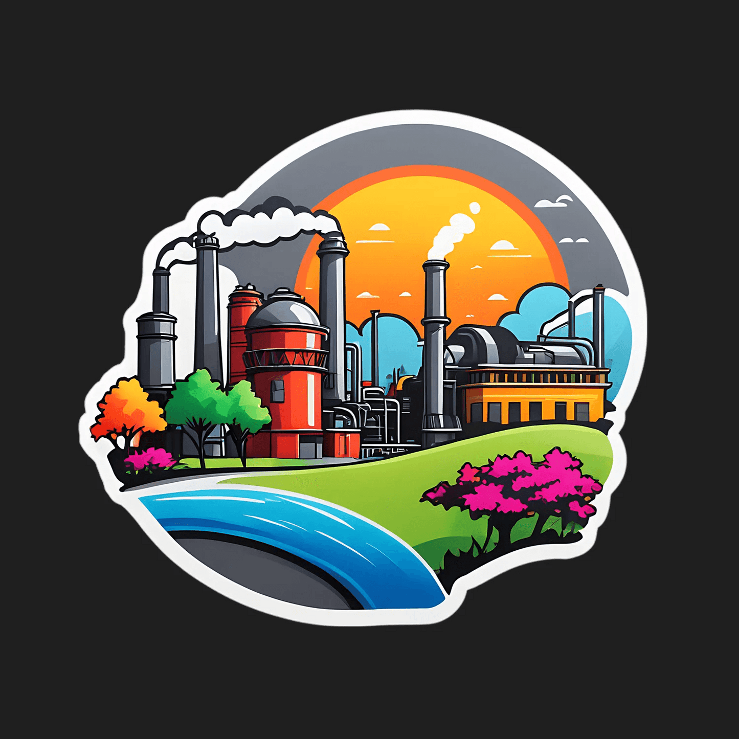 Industrial Landscape Sticker - Colorful Factory Sunset - Heat Press Transfer