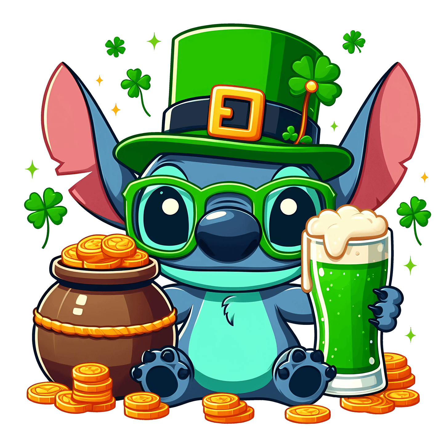 Lilo And Stitch St Patty Day Lucky Clover Design - DTF Ready To Press - Heat Press Transfer