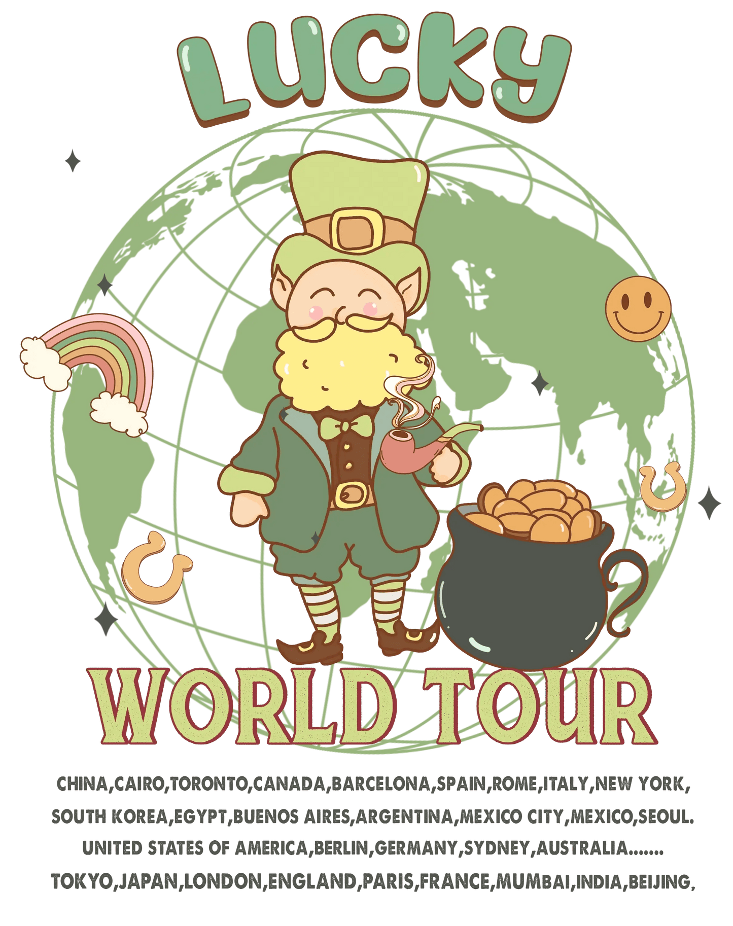 Lucky Gnome World Tour Patrick's Day Design - DTF Ready To Press - Heat Press Transfer