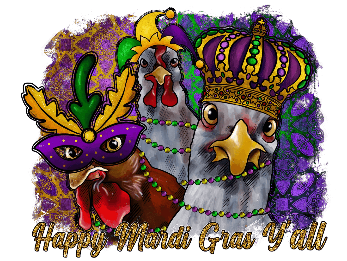 Mardi Gras Chickens - DTF Ready to Press - Heat Press Transfer