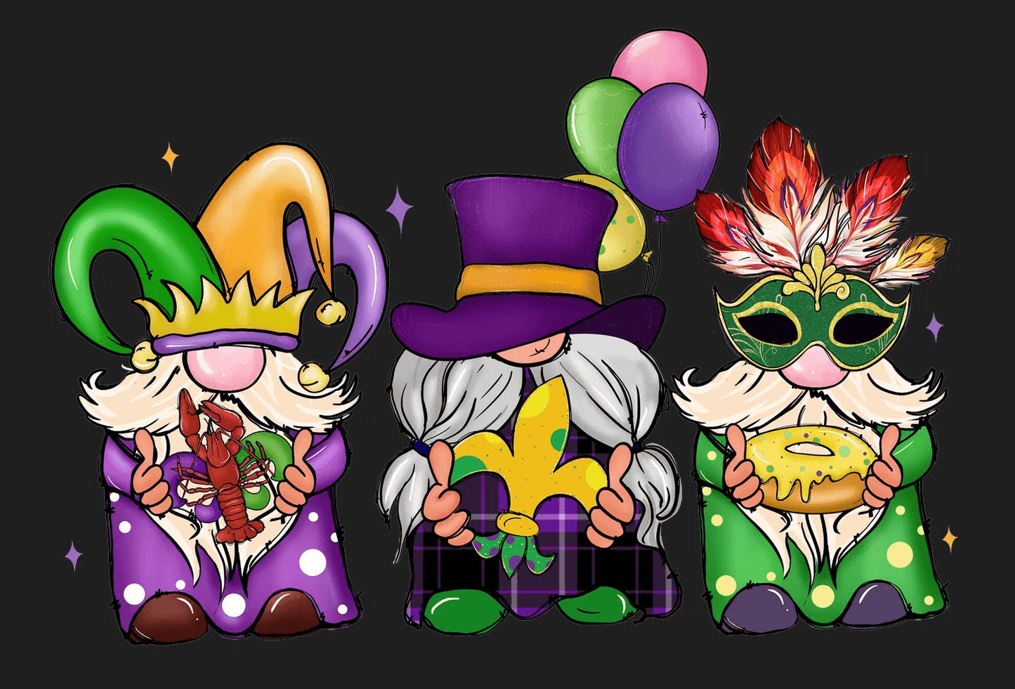 Mardi Gras Gnomes - DTF Ready to Press - Heat Press Transfer