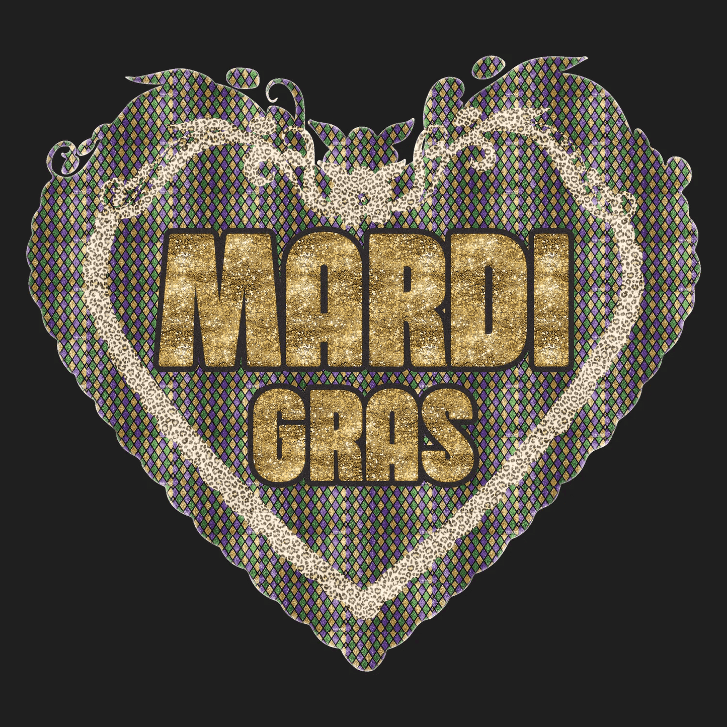 Mardi Gras Heart - DTF Ready to Press - Heat Press Transfer