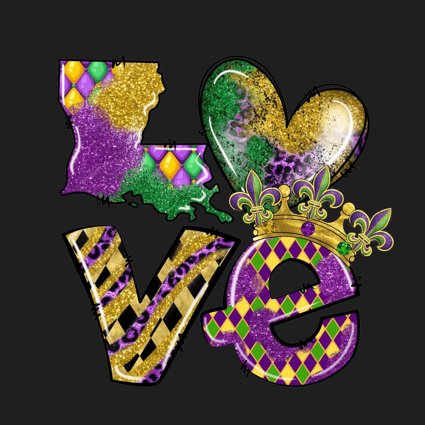 Mardi Gras Love - DTF Ready to Press - Heat Press Transfer