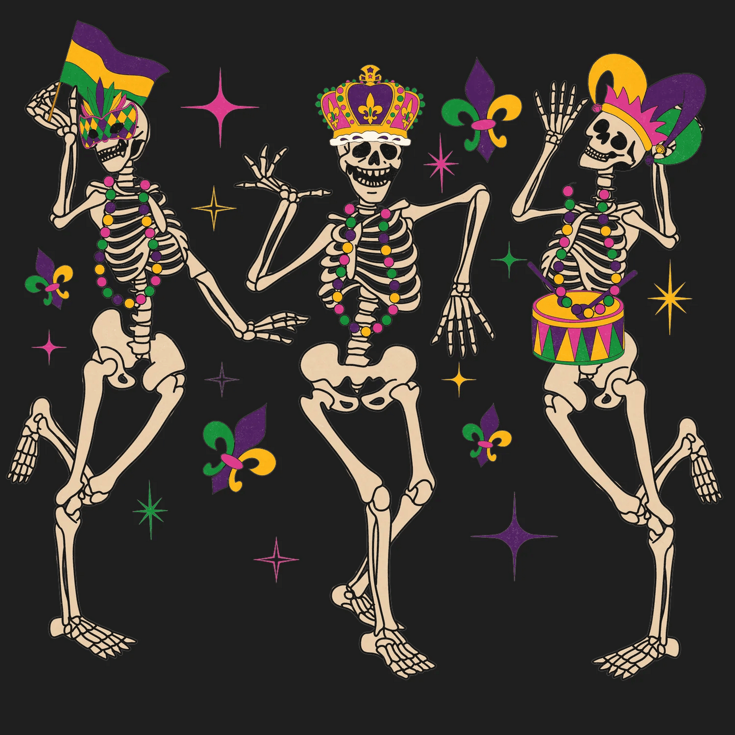 Mardi Gras Skeletons - DTF Ready to Press - Heat Press Transfer