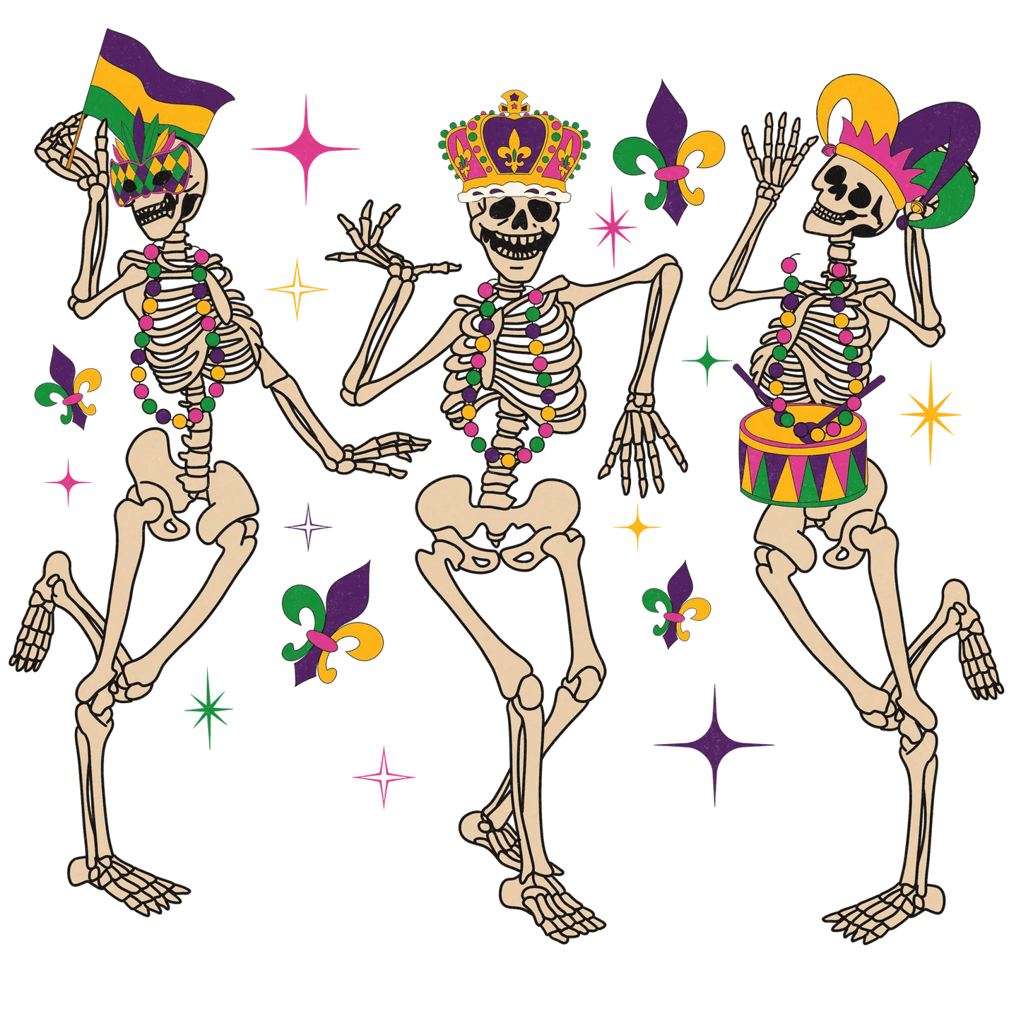 Mardi Gras Skeletons - DTF Ready to Press - Heat Press Transfer