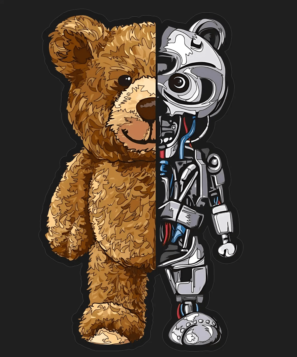 Robot Bear Half-Split - DTF Ready to Press (black_bg)