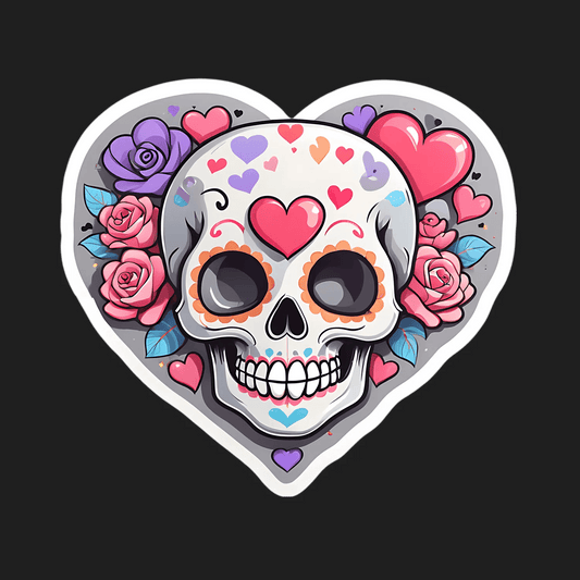 Skull Love Heart - Floral Sticker - Heat Press Transfer