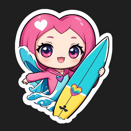 Surfing Girl Sticker - Cute Anime Style - Heat Press Transfer
