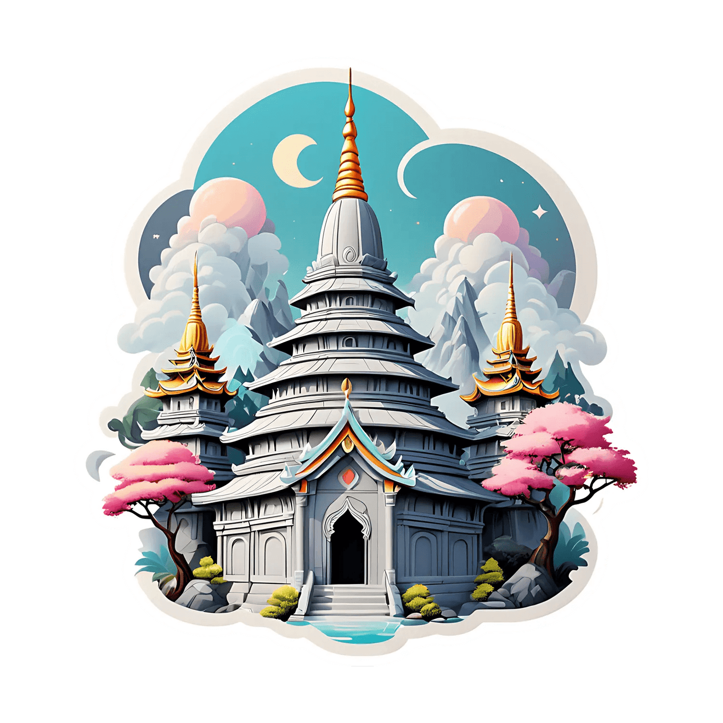 Temple Pagoda - Moonlight Sticker - Heat Press Transfer