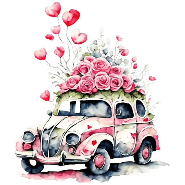 Valentine's Day Car And Roses Design - DTF Ready To Press - Heat Press Transfer