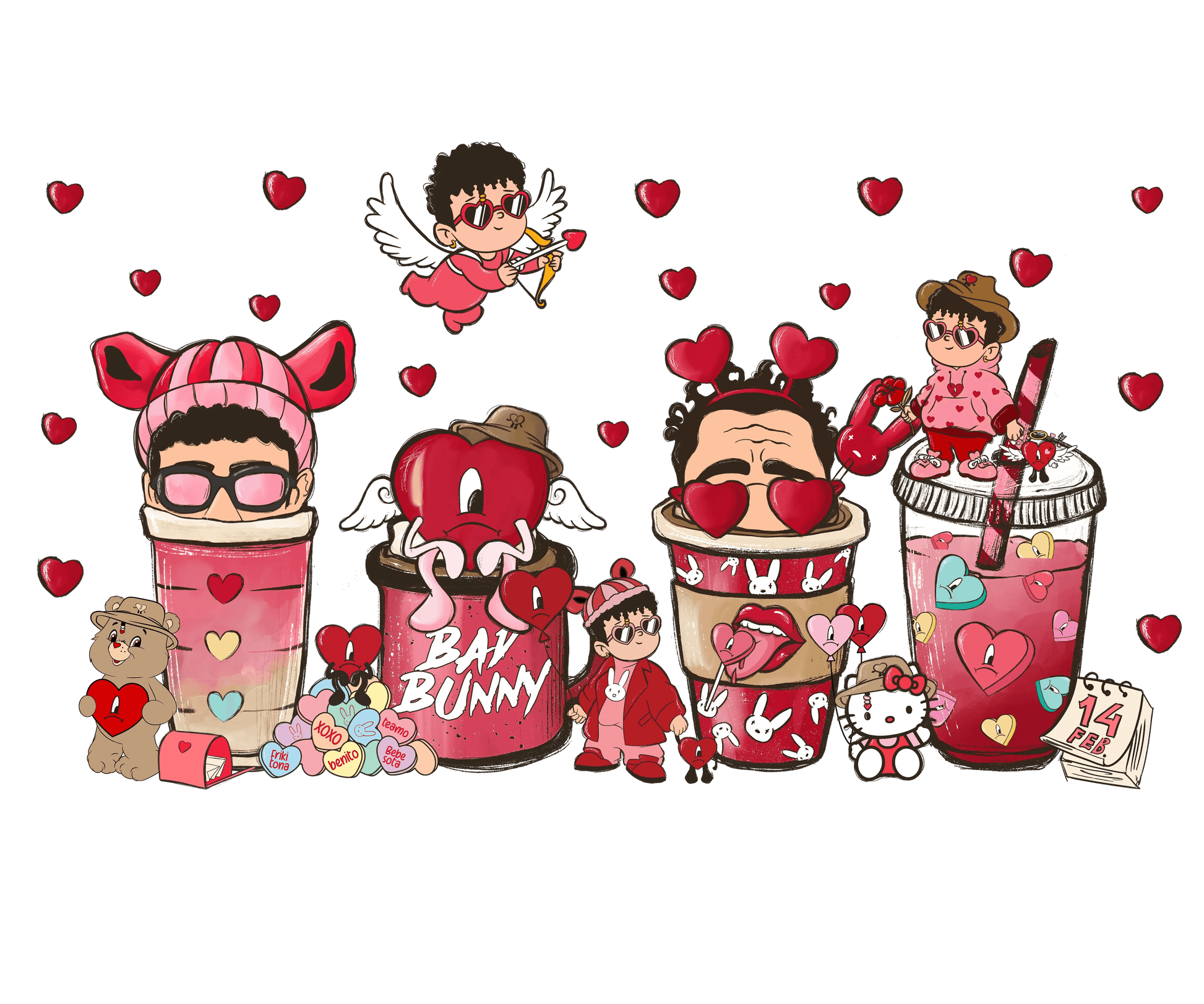 Bad Bunny And Hello Kitty Valentine Coffee Design - DTF Ready To Press - Heat Press Transfer