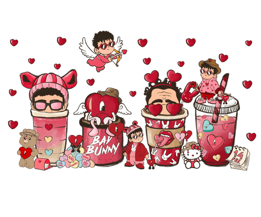 Bad Bunny And Hello Kitty Valentine Coffee Design - DTF Ready To Press - Heat Press Transfer