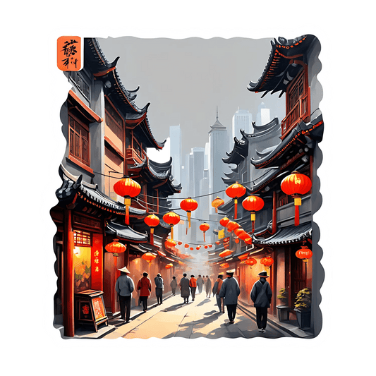 China Town Scene - Lively Streets Sticker - Heat Press Transfer