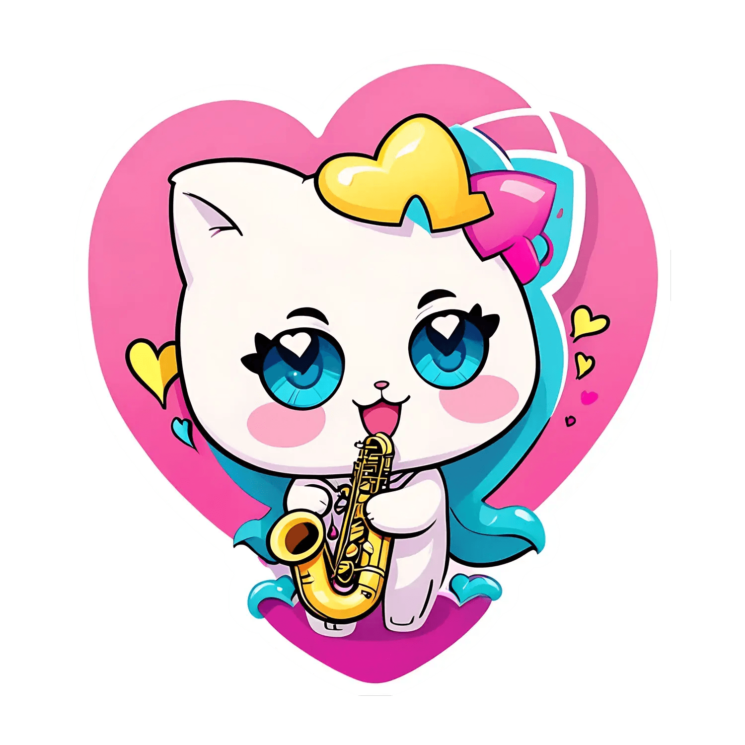Cute Cat Saxophone - Heart Sticker - Heat Press Transfer