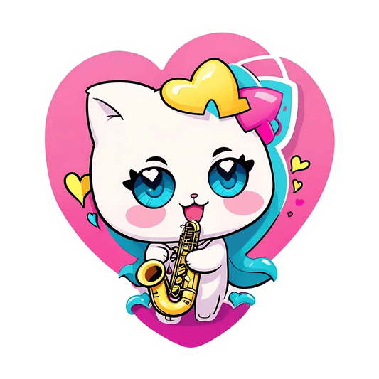 Cute Cat Saxophone - Heart Sticker - Heat Press Transfer