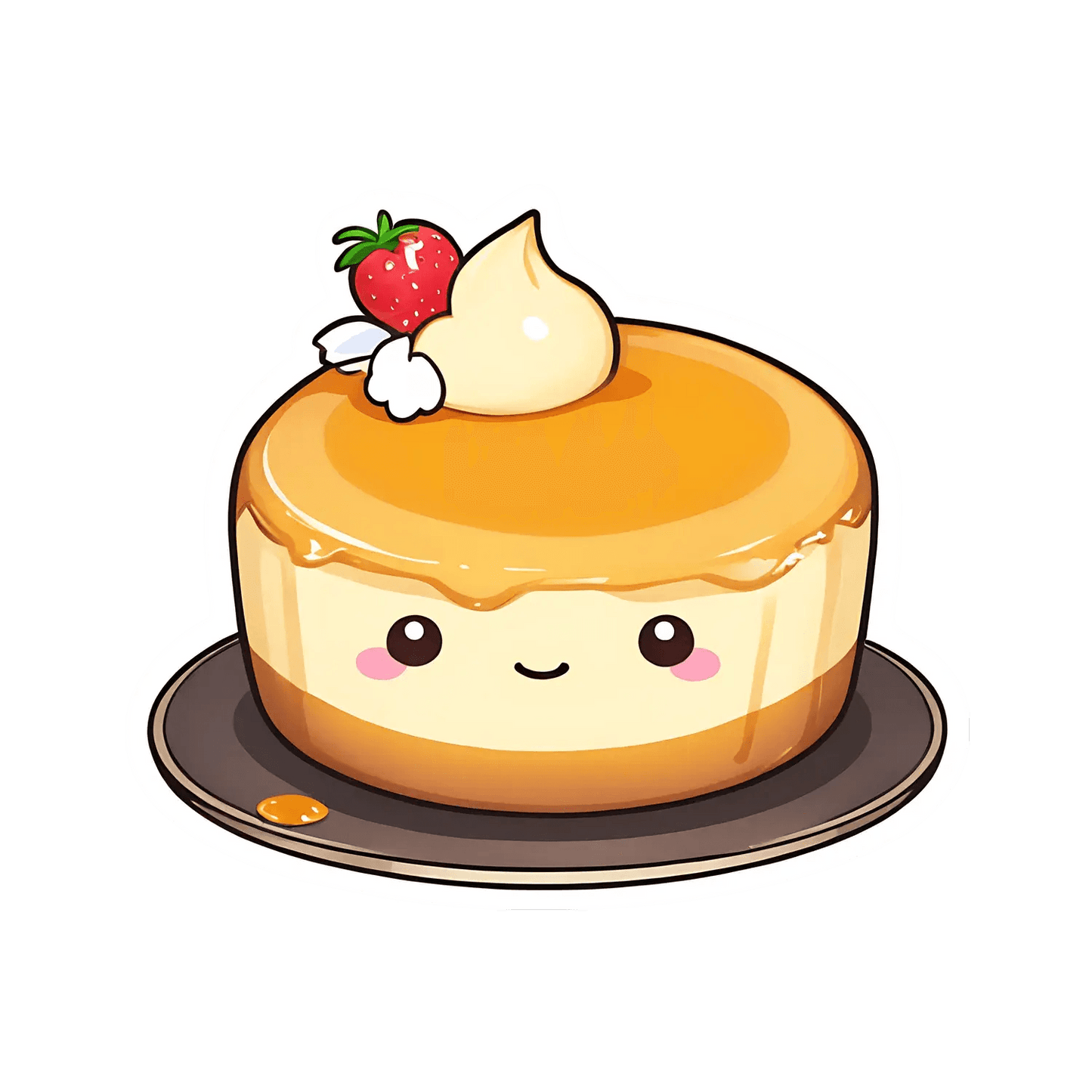 Cute Dessert Sticker - Happy Flan with Strawberry - Heat Press Transfer