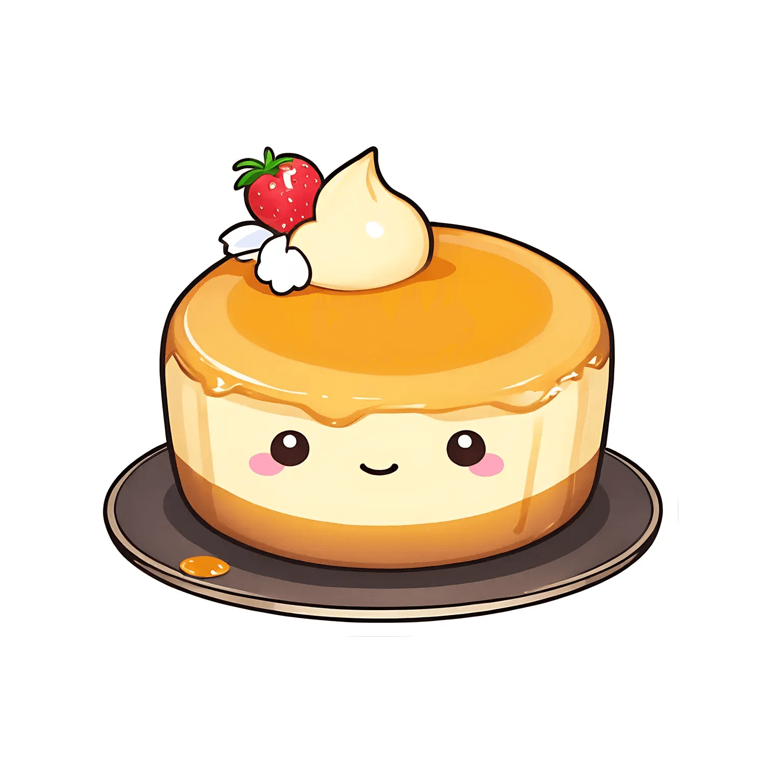 Cute Dessert Sticker - Happy Flan with Strawberry - Heat Press Transfer