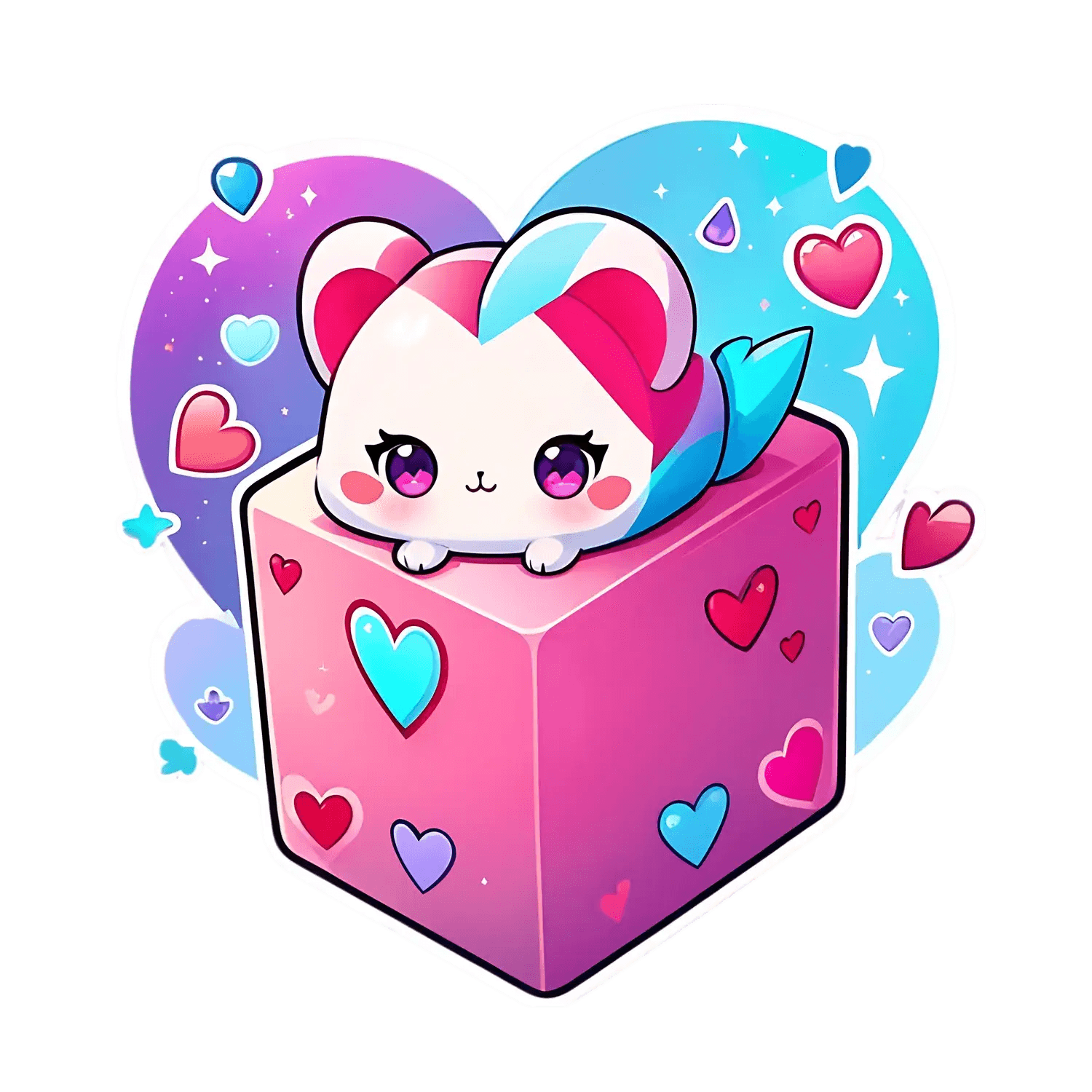 Cute Kawaii Cat - Heart Sticker - Heat Press Transfer
