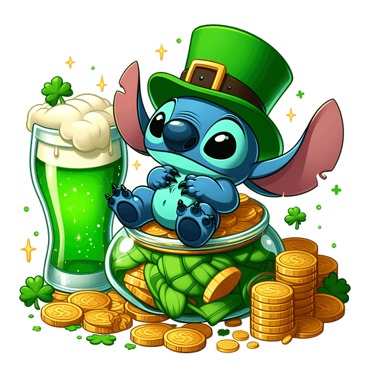 Disney Lilo And Stitch Saint Patricks Beer Lover Design - DTF Ready To Press - Heat Press Transfer