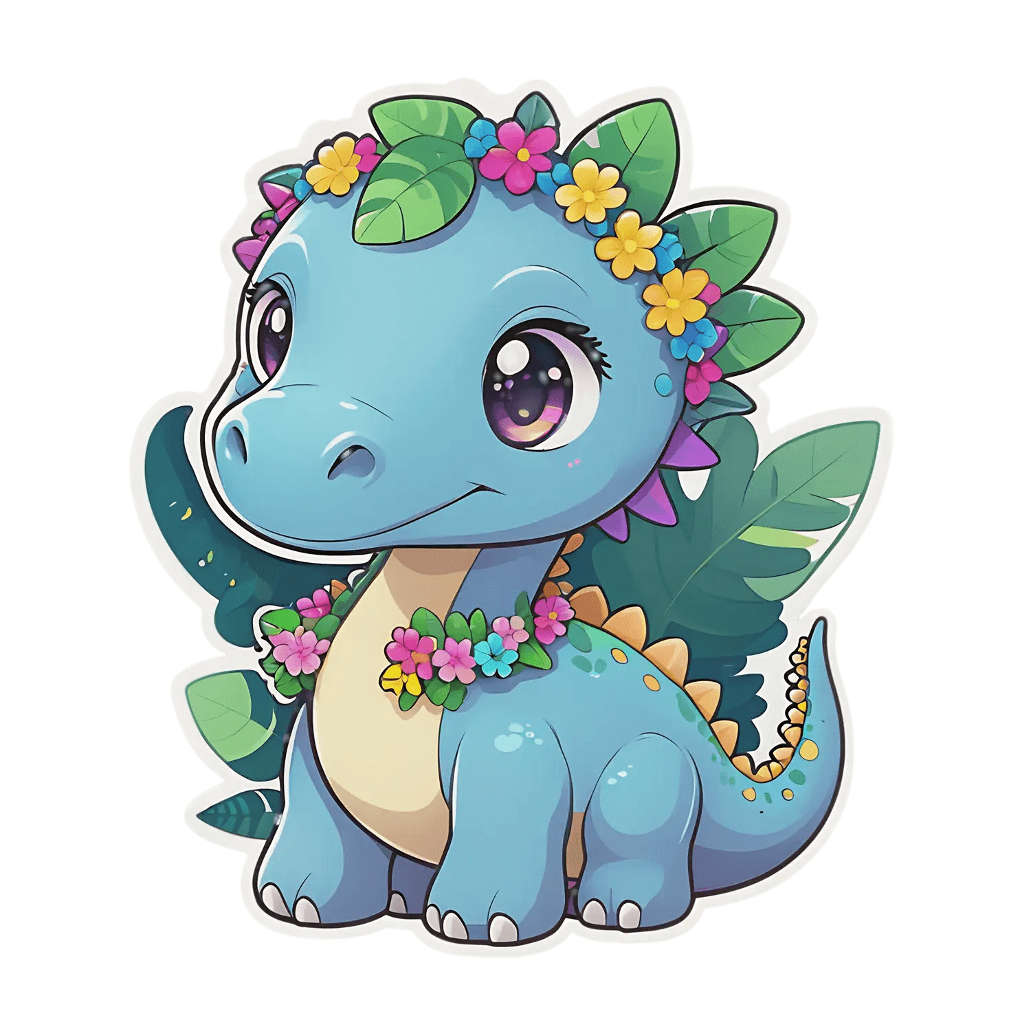 Floral Dinosaur Sticker - Cute Blue Design - Heat Press Transfer