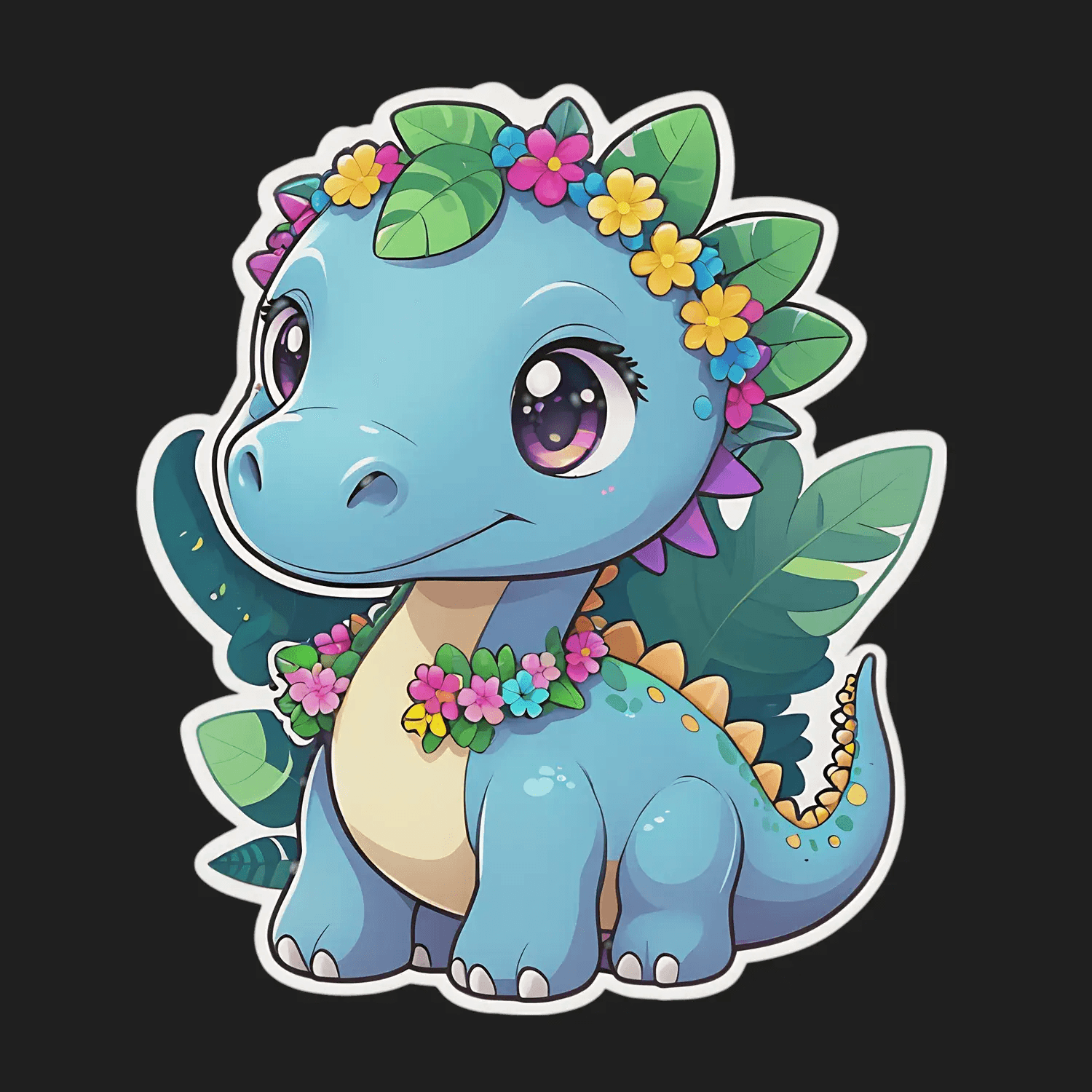 Floral Dinosaur Sticker - Cute Blue Design - Heat Press Transfer
