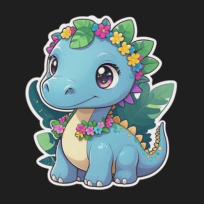 Floral Dinosaur Sticker - Cute Blue Design - Heat Press Transfer