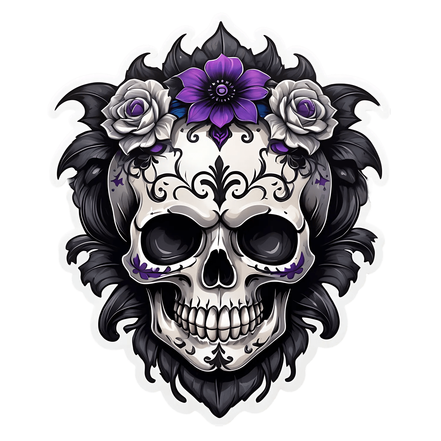 Floral Skull Sticker - Durable UV Print - Heat Press Transfer