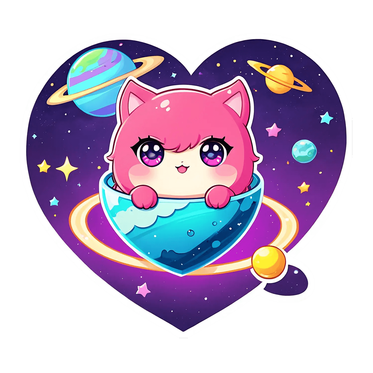 Galaxy Cat Sticker - Adorable Heart-Shaped - Heat Press Transfer