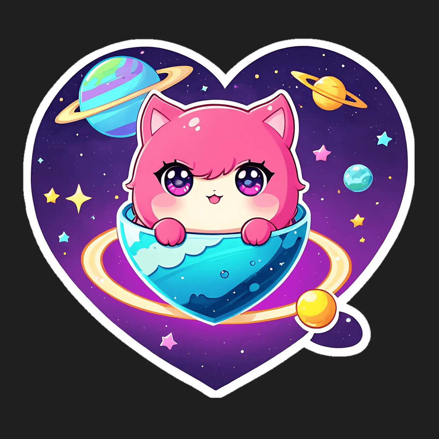Galaxy Cat Sticker - Adorable Heart-Shaped - Heat Press Transfer