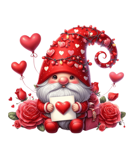 Gnome And Roses Valentine's Day Heart Design - DTF Ready To Press - Heat Press Transfer