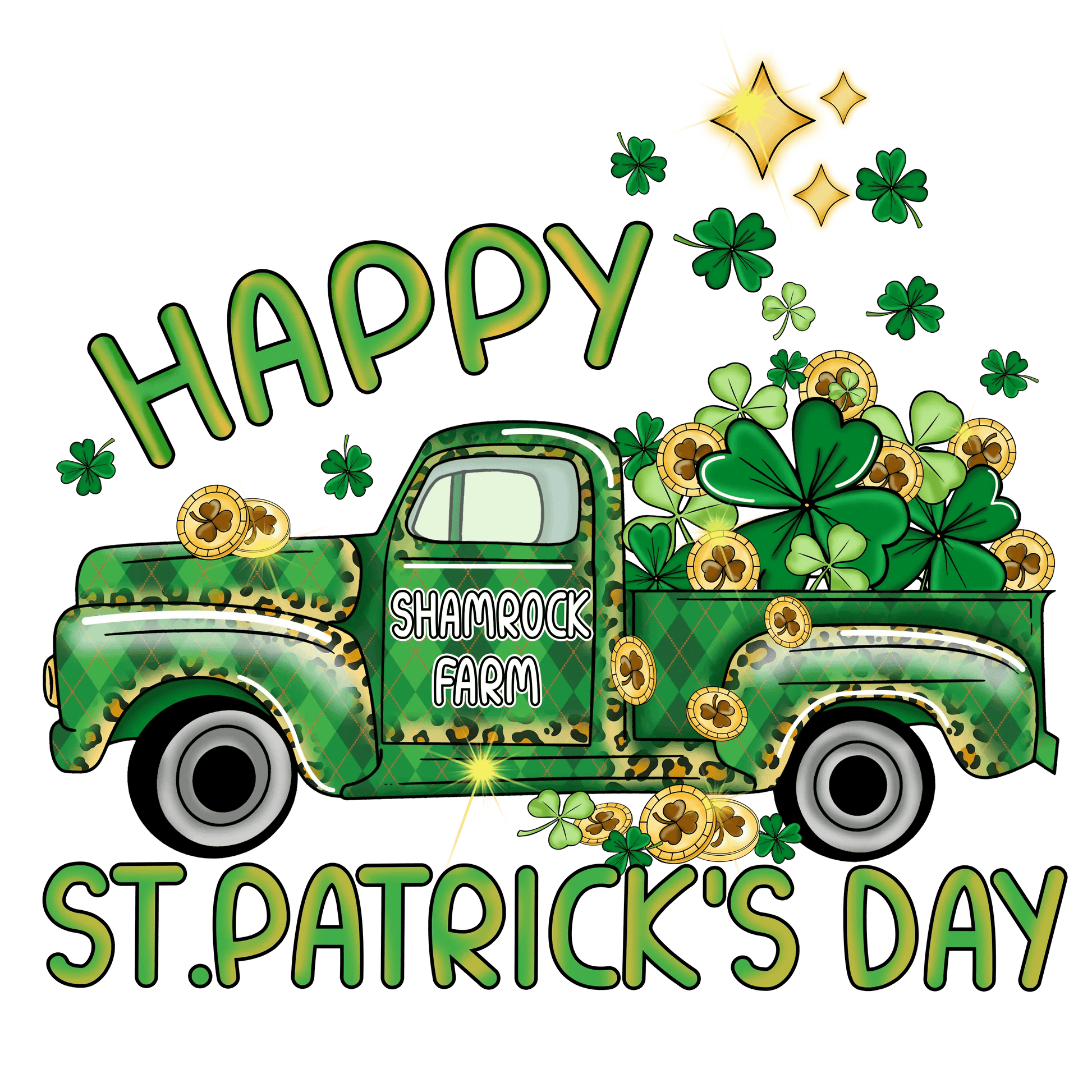 Happy Saint Patricks Day Clover Truck Design - DTF Ready To Press - Heat Press Transfer