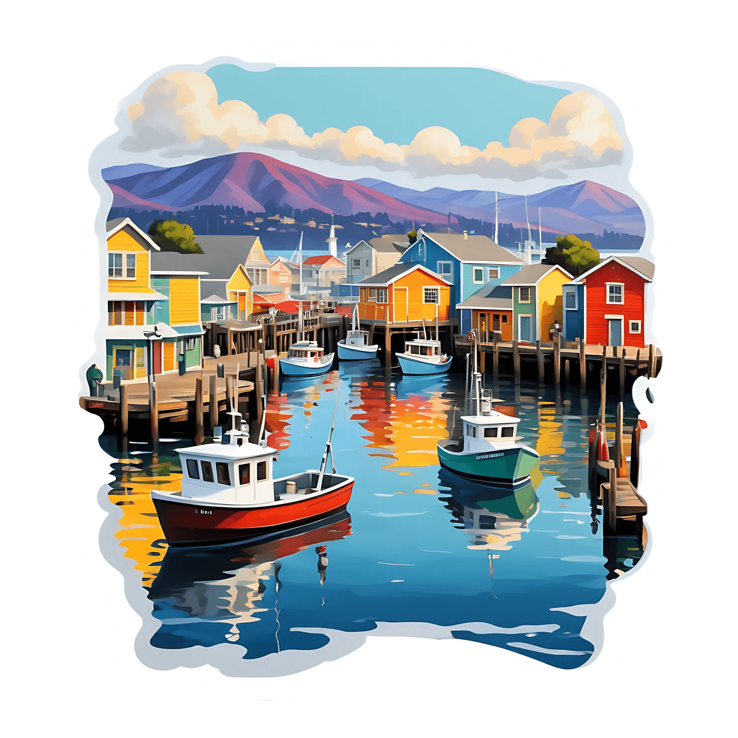 Harbor View Sticker - Colorful Coastal Scene - Heat Press Transfer