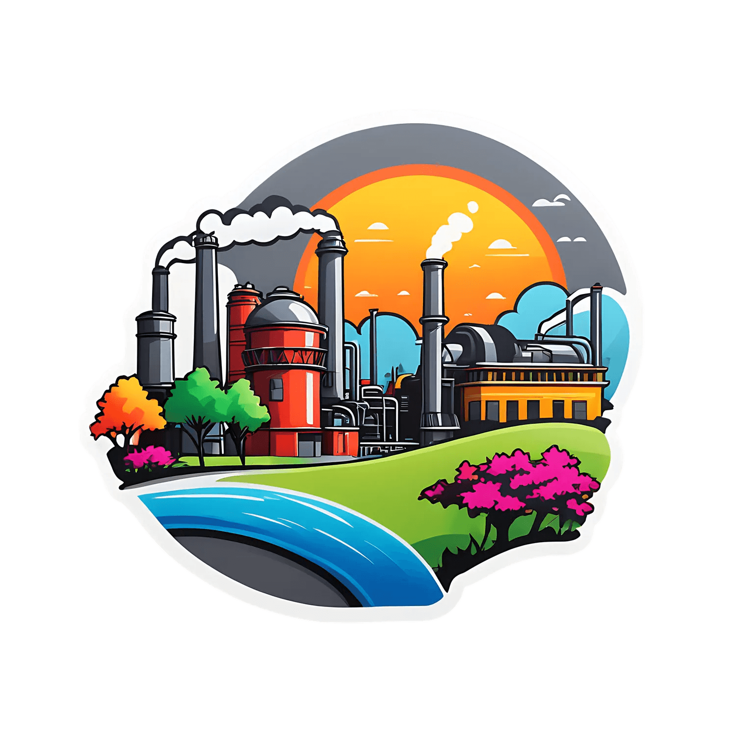 Industrial Landscape Sticker - Colorful Factory Sunset - Heat Press Transfer